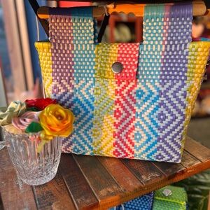 Colorful Woven Tote Bag - Rainbow Pattern